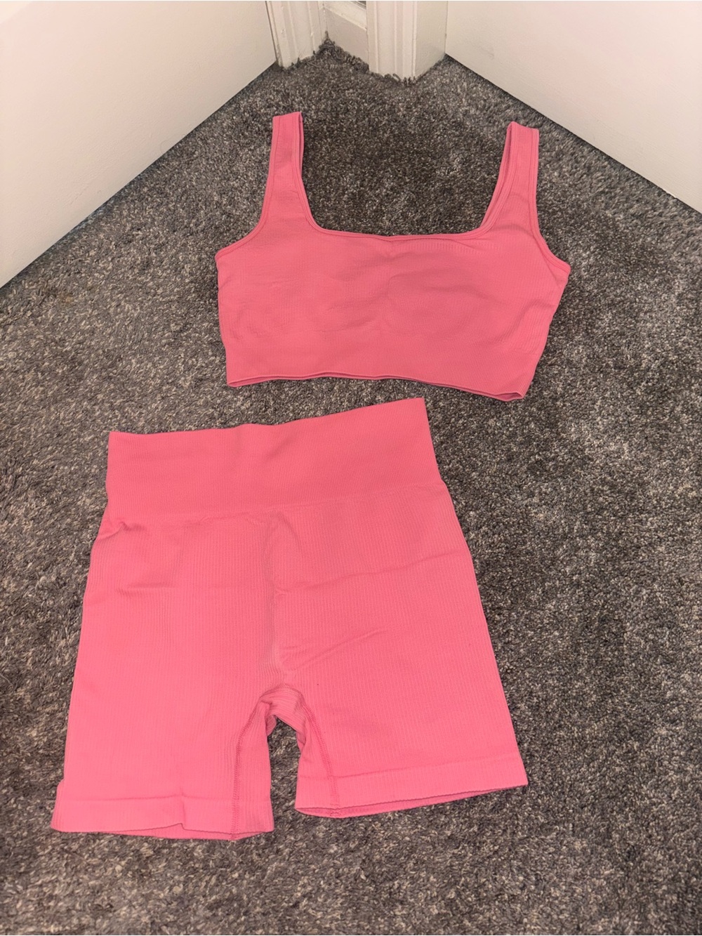 Amazon Pink Seamless Ribbed Sports Bra and Bike Shorts Set
